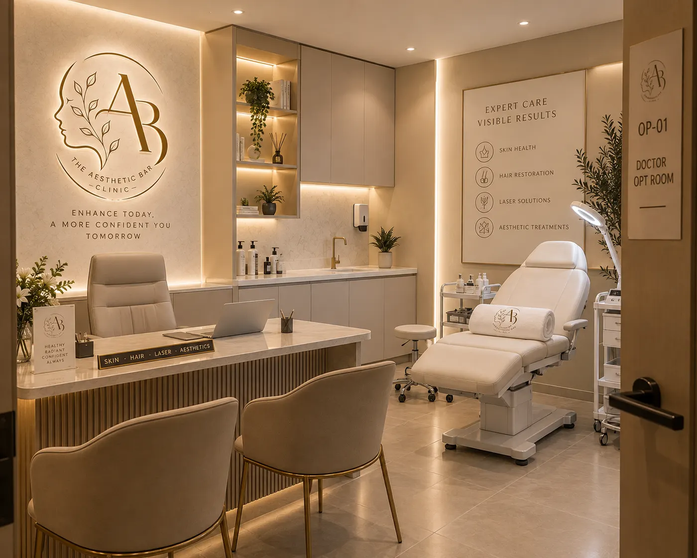 Doctor consultation room at The Aesthetic Bar Clinic with treatment chair and clinic branding