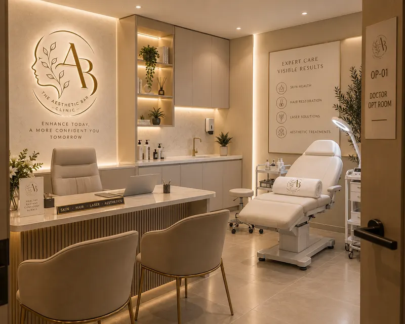 Doctor consultation room at The Aesthetic Bar Clinic with treatment chair and clinic branding