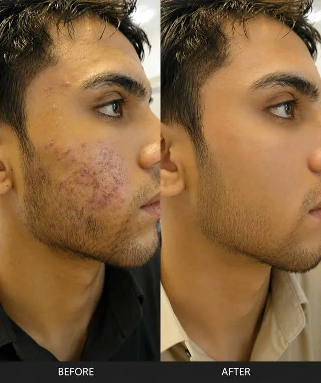 Before and after photograph supplied by The Aesthetic Bar Clinic, showing marked skin on a man’s cheek and jaw, then clearer skin.