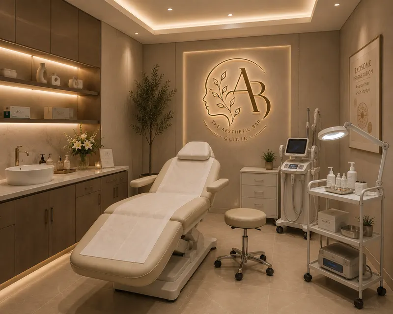 Treatment room at The Aesthetic Bar Clinic with a treatment couch and aesthetic equipment