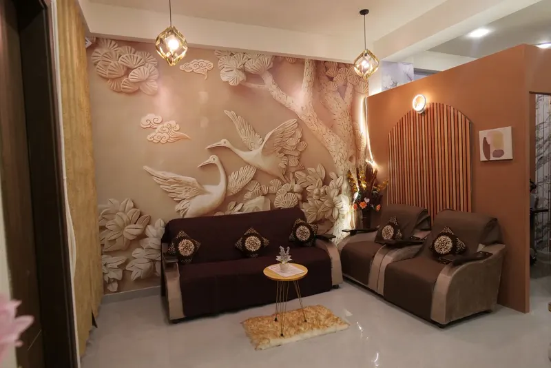 Waiting area at The Aesthetic Bar Clinic with seating and a carved feature wall